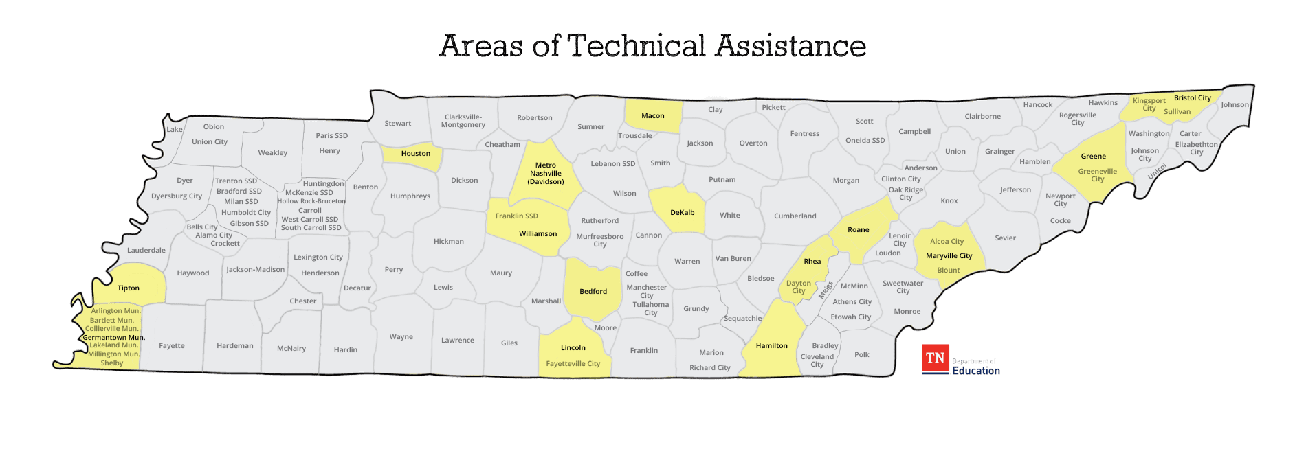 This Areas of Technical Assistance map shows which counties are recieving technical assistance services. Currently these counties are Germantown, Houston, Bedford, Macon, Sequatchie, Rhea, Roane, Maryville City, Greene, Sullivan, and Bristol City. 